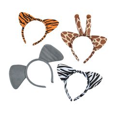 four different animal ears and headbands are shown in three different colors, including zebra print