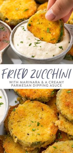 fried zucchini with marinara and a creamy parmesan dip in a bowl