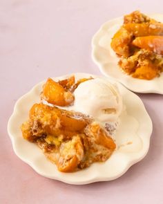 two white plates with dessert items on them