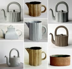 six different types of ceramic teapots with handles on each one and the other