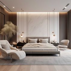 a modern bedroom with white furniture and marble walls