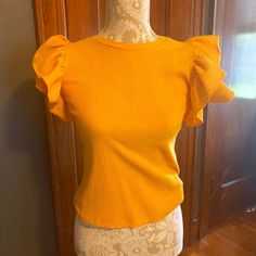 Zara Yellow Top Flutter Sleeve Size M New With Tags Fitted Tops With Butterfly Sleeves For Day Out, Yellow Zara Tops With Ruffles, Zara Yellow Ruffled Tops, Yellow Ruffled Zara Tops, Zara Tank Top, Mock Neck Sweatshirt, Zara Shirt, Ruffle Long Sleeve, Zara Blouse