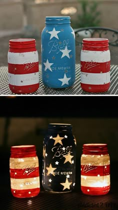 three mason jars with stars and stripes painted on them