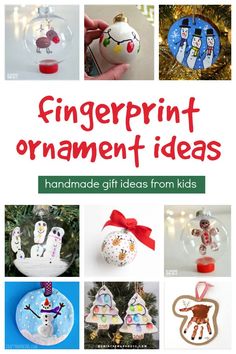 the cover of fingerprint ornament ideas is shown with images of christmas ornaments