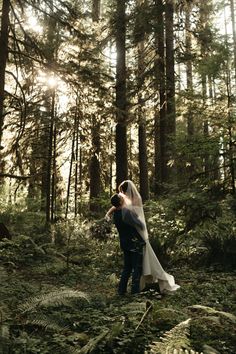 a bride and groom standing in the middle of a forest with sun shining through the trees