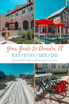 the front and side of a building with red umbrellas over it that says your guide to quereta, fl eat / stay / see / do