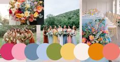 a collage of photos with different colors and flowers on them, including the bridesmaid's bouquets