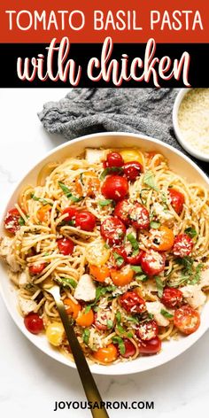 tomato basil pasta with chicken in a white bowl