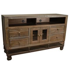 an old wooden entertainment center with two drawers and three doors on the front, one door open