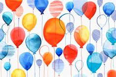 many colorful balloons are floating in the air together on a white background with blue, orange and red colors