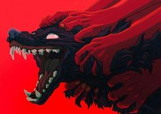 an animal with its mouth open and it's teeth wide open on a red background