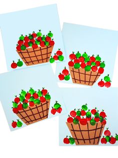 three pictures of strawberries and cherries in a basket on blue paper with white background