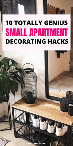 a wooden table topped with shoes next to a mirror and potted plant on top of it