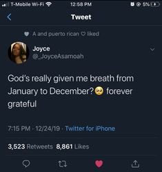 two tweets on twitter with one saying god's really given me breath from january to december