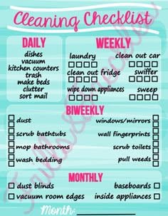 the cleaning checklist is shown in pink, blue and white with words on it