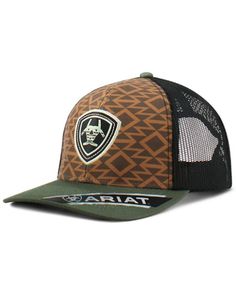 6 panel construction. Curved bill. Soft mesh back with snapback closure. 60% polyester / 40% cotton. Brown Southwestern print front with olive green bill Southwestern Print, Shield Logo, Ball Cap, Black Mesh, Print Logo, Trucker Cap, Patch Logo, Hats For Women, Hats For Men