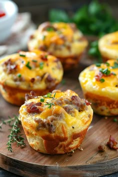 small muffins with meat and cheese on a wooden plate