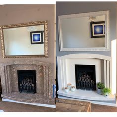 two different fireplaces with mirrors above them