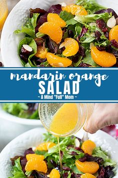 mandarin orange salad in a white bowl being drizzled with dressing