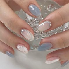 Korean Nail Art Silver, Gray Korean Nails, Easy Korean Nails, Korean Nails Short Jelly, Nail Gem Art, Milky White Nails Design Ideas, Gel Designs On Natural Nails, Korean Natural Nails, Xs Nails Designs Short