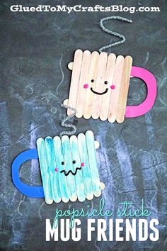 popsicle stick mug friends made from popsicles on a chalkboard with text overlay