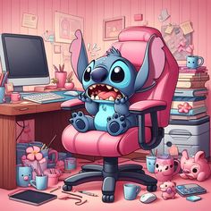 an image of a cartoon character sitting in a pink office chair with his mouth open