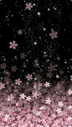 pink flowers are floating in the air on a black background with stars and sparkles