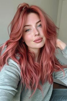 30+ Striking Red Hair Color Ideas Trending in 2024 - Flo's Blog Ion Rose Quartz Hair Color, Peach Pink Ombre Hair, Pinky Red Hair Colour, Red Hair Pink Undertones, Strawberry Color Hair, Rose Gold Hair Pale Skin, Cool Light Red Hair, Lightly Colored Hair, Cool Toned Colored Hair