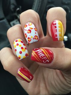 Chiefs Food Ideas, Chiefs Nail Designs, Chiefs Football Party, Kc Chiefs Food Ideas, Kc Chiefs Party Ideas, Chiefs Superbowl Party, Nfl Nails Chiefs