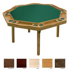 a wooden table with green top and four different color options for each piece in the game