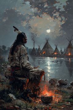 a painting of a native american man sitting in front of a campfire