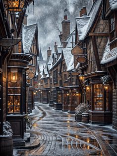 an image of a street that is covered in snow and lit up with lights at night