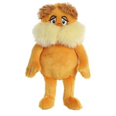 an orange stuffed animal with white fur around it's neck and eyes, on a white background