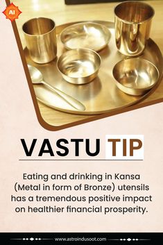 an advertisement for vastu tip featuring metal cups and spoons on a wooden table