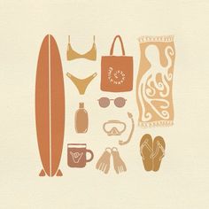 an image of various items that are in the shape of a surfboard and sunglasses