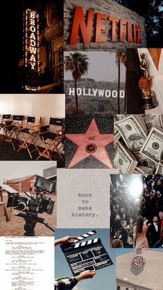 the collage has many different pictures and words on it, including an image of a hollywood sign