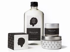 the packaging design for nourish skin care products is shown in black and white