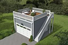 this is an aerial view of a garage with stairs leading up to the second floor