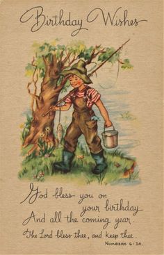 a birthday card with an image of a boy holding a bucket and fishing on it