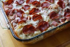 pepperoni and cheese pizza in a baking dish