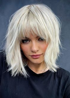 Platinum Blonde Shag, Shag With Wispy Bangs, Choppy Bob Hairstyles With Bangs, Blonde Shag, Choppy Bob With Bangs, Modern Shag Haircut, Short Haircuts With Bangs, Chin Length Haircuts, Messy Bob Hairstyles