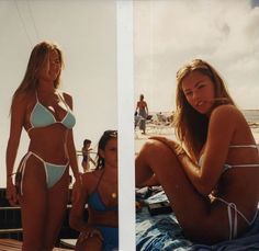 two pictures of women in bikinis on the beach, one with her hand on her hip