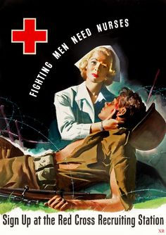 an old red cross poster shows a woman laying on the ground next to a man