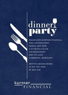 a dinner party flyer with fork and knife on it's side, against a white background