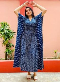 Indian Blue Ikat Printed Kaftan Cotton Hippies Maxi Women Nightwear Kaftan Dress #menswear #shopsmall Indian Tunic Dresses For Women, Indian Dress Shop, Ikat Cotton Dress, Kaftan Night Dress, Kanwal Aftab Dresses, Nighty Designs Indian Cotton, Myntra Dress, Nighty Designs Indian, Maxi Night Dress