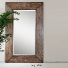 a mirror sitting on top of a wooden shelf next to a plant