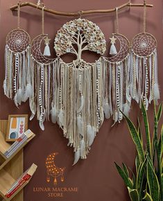 there is a tree with white feathers hanging on the wall next to bookshelves