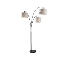 three light floor lamp with white shades on the lampshade and black metal base