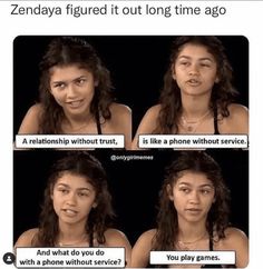 a woman with four different expressions on her face and the caption reads, zendaya figured it out long time ago