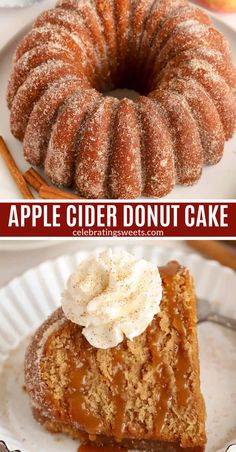 an apple cider donut cake on a white plate